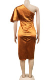 Brownness Sexy Solid Patchwork Asymmetrical Oblique Collar Irregular Dress Dresses
