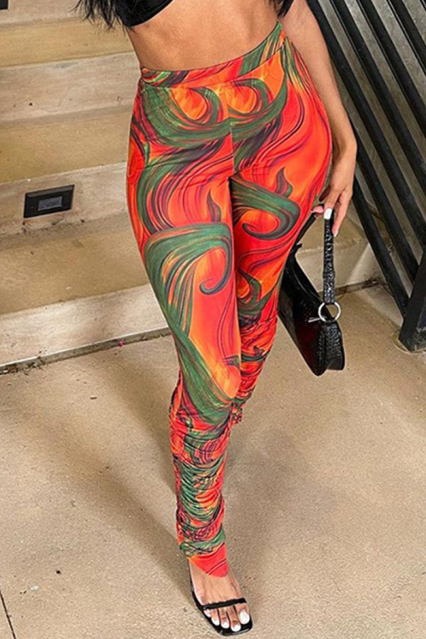 Multicolor Fashion Casual Print Fold Skinny High Waist Pencil Trousers