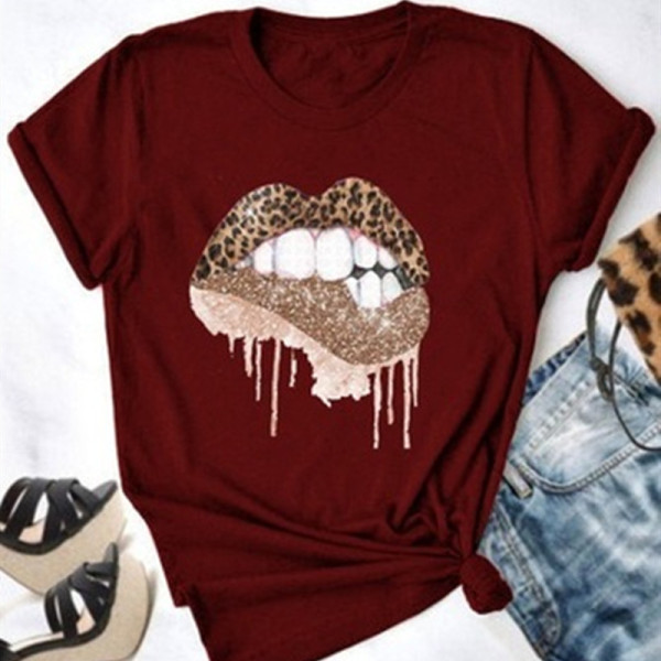 Wine Red Fashion Casual Lips Printed Basic O Neck Tops