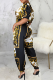 Multicolor Casual Print Patchwork Zipper Collar Half Sleeve Two Pieces