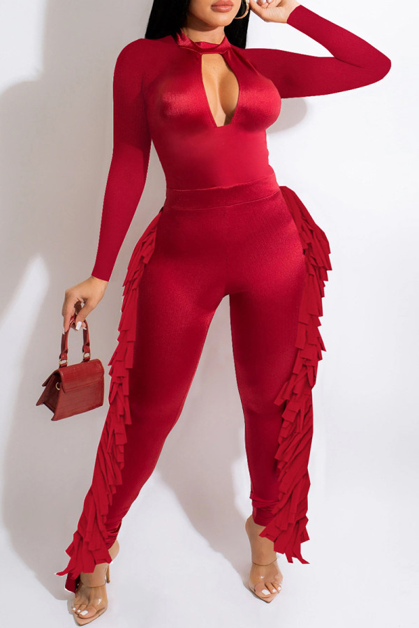 Red Fashion Casual Solid Tassel Hollowed Out O Neck Regular Jumpsuits