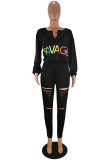 Red Fashion Casual Letter Print Ripped Zipper Collar Long Sleeve Two Pieces