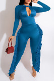 Peacock Blue Fashion Casual Solid Tassel Hollowed Out O Neck Regular Jumpsuits