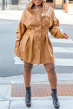 Camel Fashion Casual Solid Patchwork Turndown Collar Long Sleeve Dresses