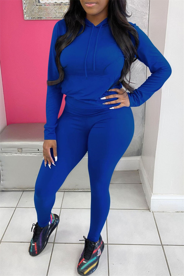 Blue Fashion Casual Solid Basic Hooded Collar Long Sleeve Two Pieces
