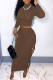 Brown Sexy Solid Tassel Patchwork O Neck Long Sleeve Two Pieces