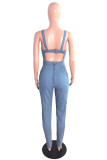 Baby Blue Sexy Casual Solid Backless Spaghetti Strap Skinny Jumpsuits