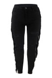 Black Fashion Casual Solid Tassel Ripped High Waist Regular Denim Jeans