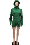 Green Casual Solid Patchwork Pocket Zipper Hooded Collar Straight Rompers