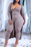 Grey Casual Solid Patchwork V Neck Long Sleeve Two Pieces