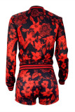 Red Fashion Casual Print Cardigan Long Sleeve Two Pieces