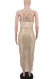 Beige Sexy Patchwork Hollowed Out Sequins Backless Halter Sleeveless Dress Dresses