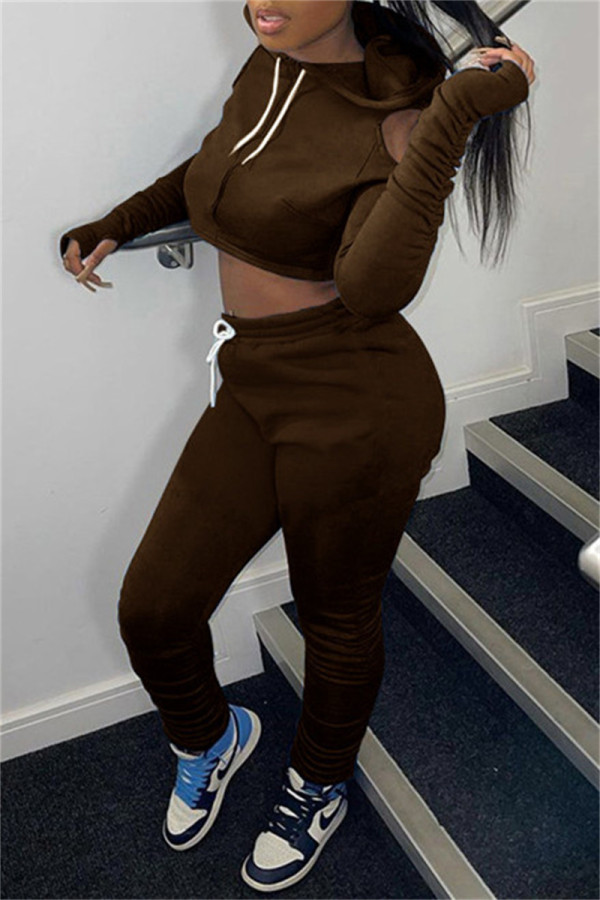 Brown Fashion Casual Solid Hollowed Out Hooded Collar Long Sleeve Two Pieces