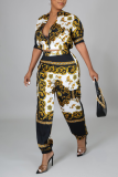 Multicolor Casual Print Patchwork Zipper Collar Half Sleeve Two Pieces