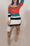 Multicolor Fashion Casual Patchwork Backless Off the Shoulder Long Sleeve Dresses