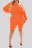 Orange Fashion Casual Solid Basic Oblique Collar Plus Size Romper