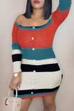 Multicolor Fashion Casual Patchwork Backless Off the Shoulder Long Sleeve Dresses