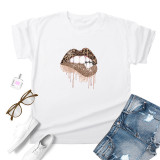 White Fashion Casual Lips Printed Basic O Neck Tops