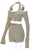 Khaki Sexy Casual Solid Backless Halter Long Sleeve Two Pieces
