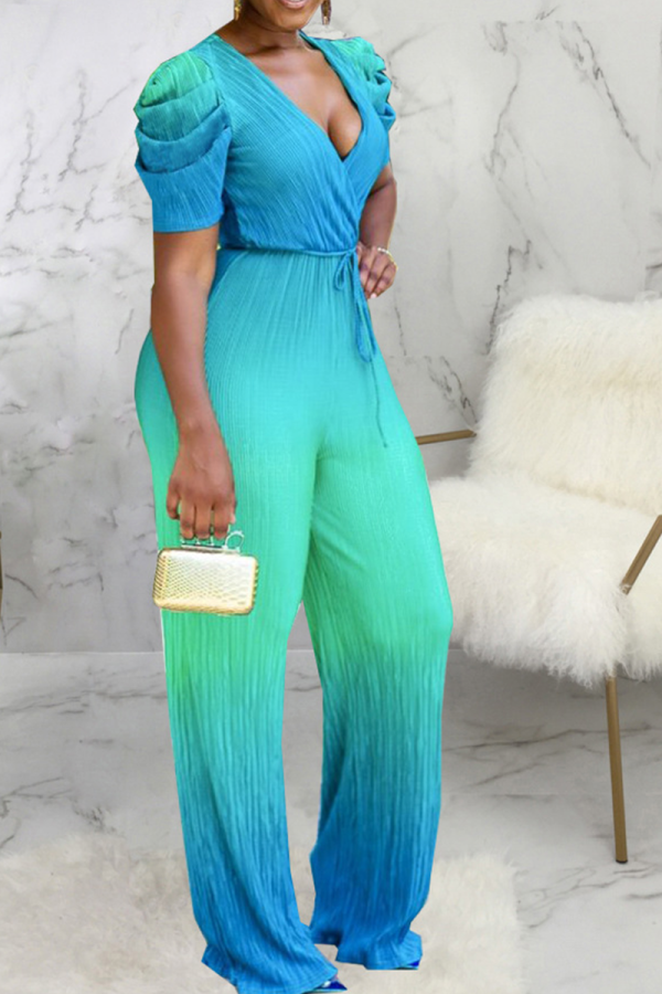 Green Casual Gradual Change Patchwork V Neck Straight Jumpsuits