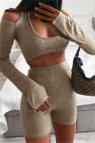 Khaki Sexy Casual Solid Backless Halter Long Sleeve Two Pieces
