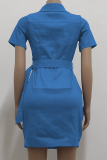 Blue Casual Solid Split Joint Turndown Collar Pencil Skirt Dresses