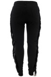 Black Fashion Casual Solid Tassel Ripped Plus Size Jeans