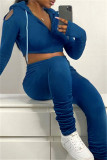 Blue Fashion Casual Solid Hollowed Out Hooded Collar Long Sleeve Two Pieces