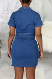 Blue Sexy Solid Split Joint Turndown Collar Pencil Skirt Dresses