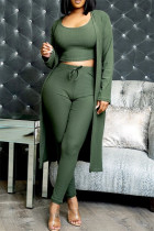 Army Green Fashion Casual Solid Cardigan Vests Pants O Neck Long Sleeve Three-piece Set