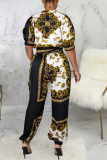 Multicolor Casual Print Patchwork Zipper Collar Half Sleeve Two Pieces