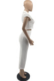 White Sexy Casual Solid Basic Turndown Collar Short Sleeve Two Pieces