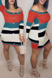 Multicolor Fashion Casual Patchwork Backless Off the Shoulder Long Sleeve Dresses