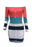 Multicolor Fashion Casual Patchwork Backless Off the Shoulder Long Sleeve Dresses