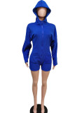 Royal Blue Casual Solid Patchwork Pocket Zipper Hooded Collar Straight Rompers
