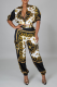 Multicolor Casual Print Patchwork Zipper Collar Half Sleeve Two Pieces