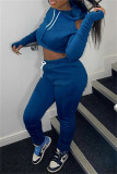 Blue Fashion Casual Solid Hollowed Out Hooded Collar Long Sleeve Two Pieces