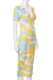 Multicolor Fashion Casual Print Basic Turndown Collar Short Sleeve Dress