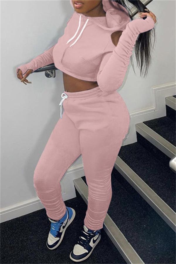 Pink Fashion Casual Solid Hollowed Out Hooded Collar Long Sleeve Two Pieces