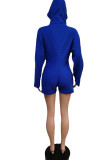 Royal Blue Casual Solid Patchwork Pocket Zipper Hooded Collar Straight Rompers