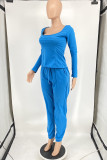 Blue Fashion Casual Solid Basic Square Collar Long Sleeve Two Pieces