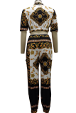 Multicolor Casual Print Patchwork Zipper Collar Half Sleeve Two Pieces
