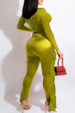 Fluorescent Green Fashion Casual Solid Tassel Hollowed Out O Neck Regular Jumpsuits
