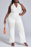 White Fashion Casual Solid Bandage Backless Halter Plus Size Jumpsuits