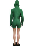Green Casual Solid Patchwork Pocket Zipper Hooded Collar Straight Rompers
