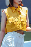 Yellow Fashion Casual Solid Patchwork Turndown Collar Tops