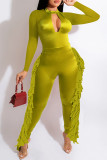Fluorescent Green Fashion Casual Solid Tassel Hollowed Out O Neck Regular Jumpsuits