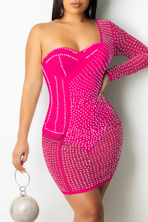 Pink Sexy Patchwork Hot Drilling See-through Backless One Shoulder Long Sleeve Dresses