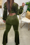Green Sexy Solid Flounce Half A Turtleneck Long Sleeve Two Pieces