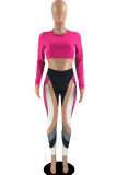 Pink Sexy Print Split Joint O Neck Long Sleeve Two Pieces